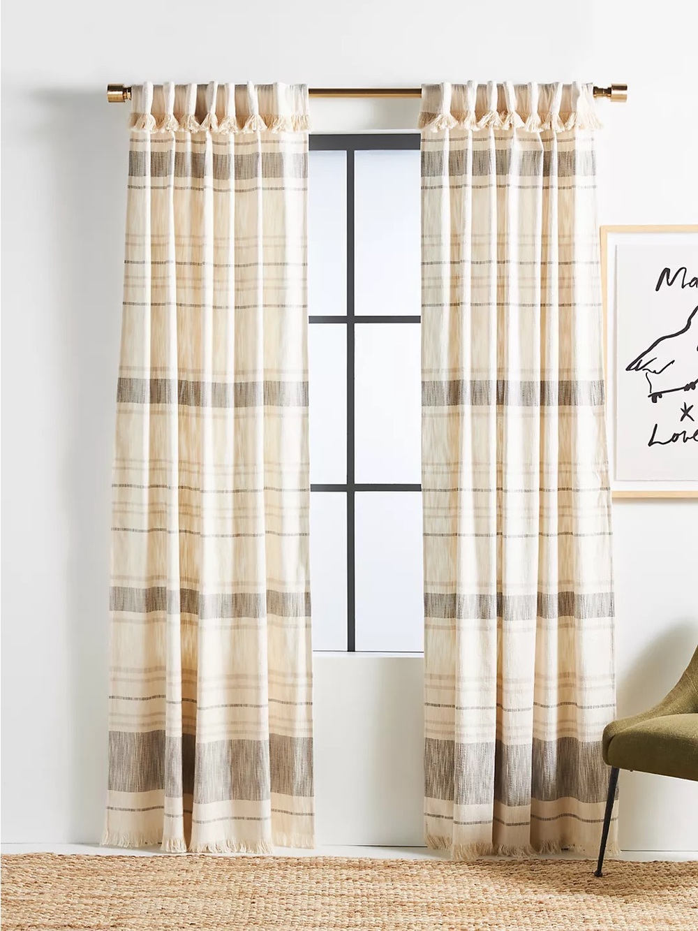Anthropologie Cream and Gray Striped Sheer Drapes